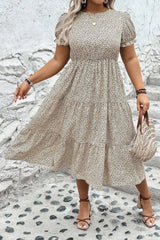 Beige Plus Size Leopard Print Frill Trim Short Sleeve Flared Dress Plus Size Midi Dresses JT's Designer Fashion