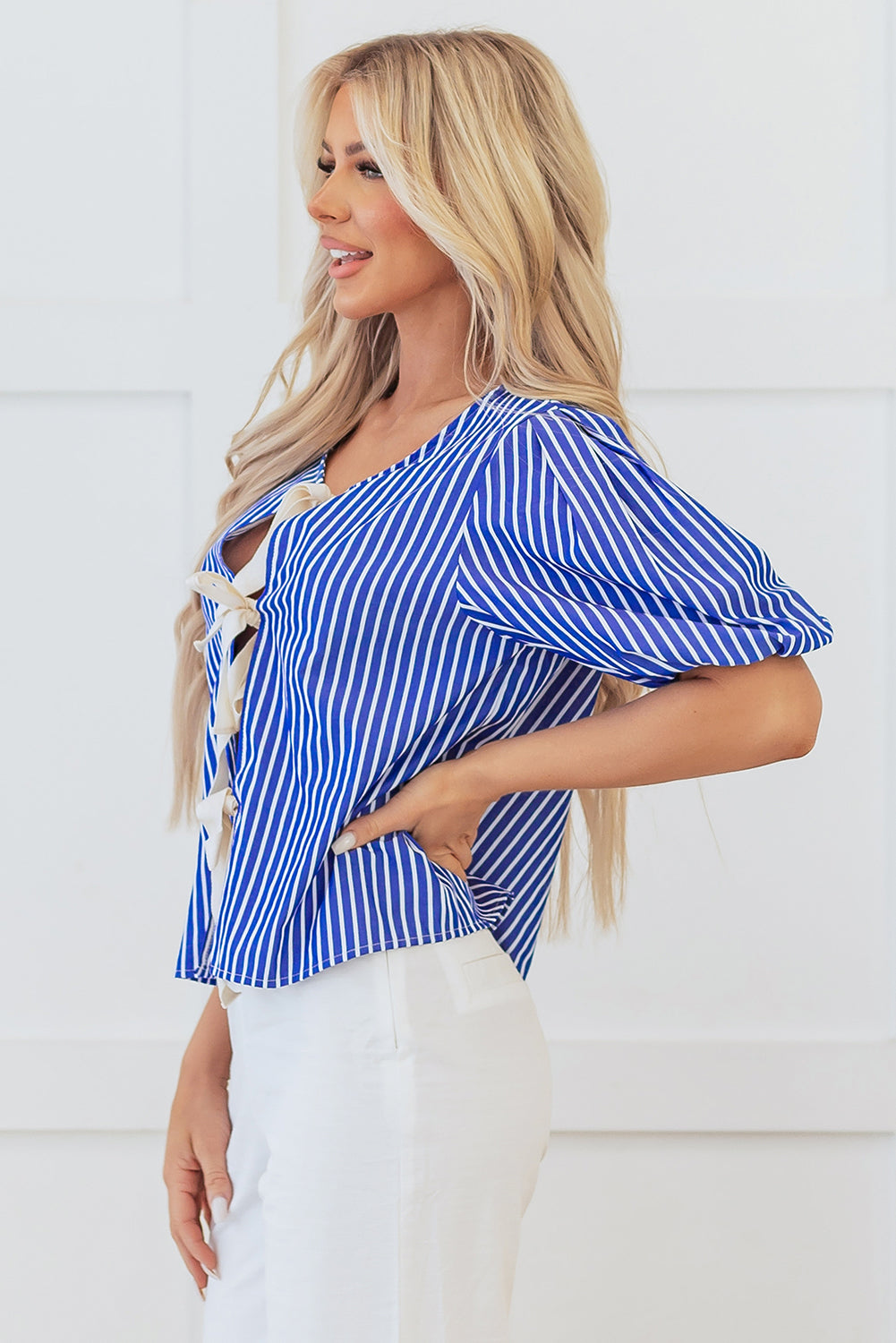Blue Stripe Tied Front Puff Short Sleeve Blouse Blouses & Shirts JT's Designer Fashion