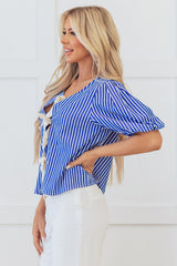 Blue Stripe Tied Front Puff Short Sleeve Blouse Blouses & Shirts JT's Designer Fashion