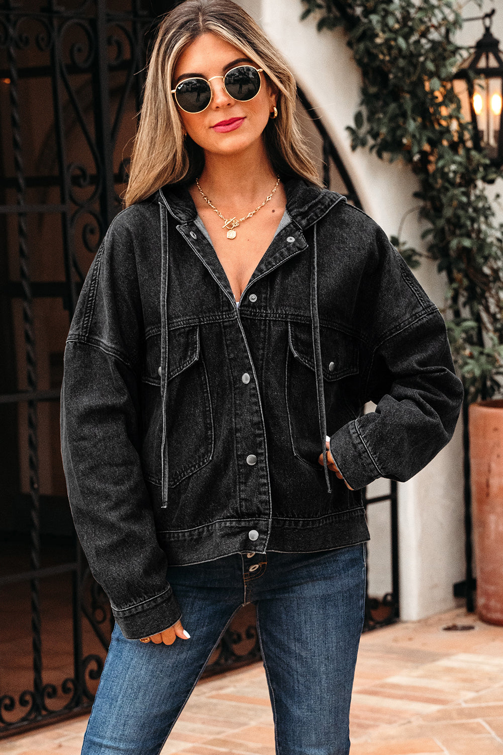Black Big Chest Pocket Drop Shoulder Hooded Denim Jacket Denim Jackets JT's Designer Fashion
