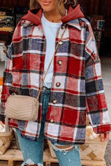 Fiery Red Hooded Plaid Button Front Shacket Plaid Shackets JT's Designer Fashion
