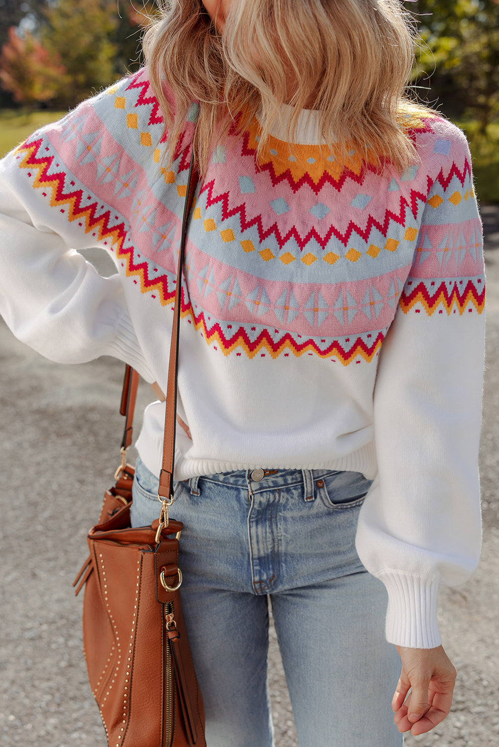 White Ethnic Geometric Colorblock Print Drop Shoulder Sweater Sweaters JT's Designer Fashion