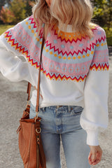 White Ethnic Geometric Colorblock Print Drop Shoulder Sweater Sweaters JT's Designer Fashion