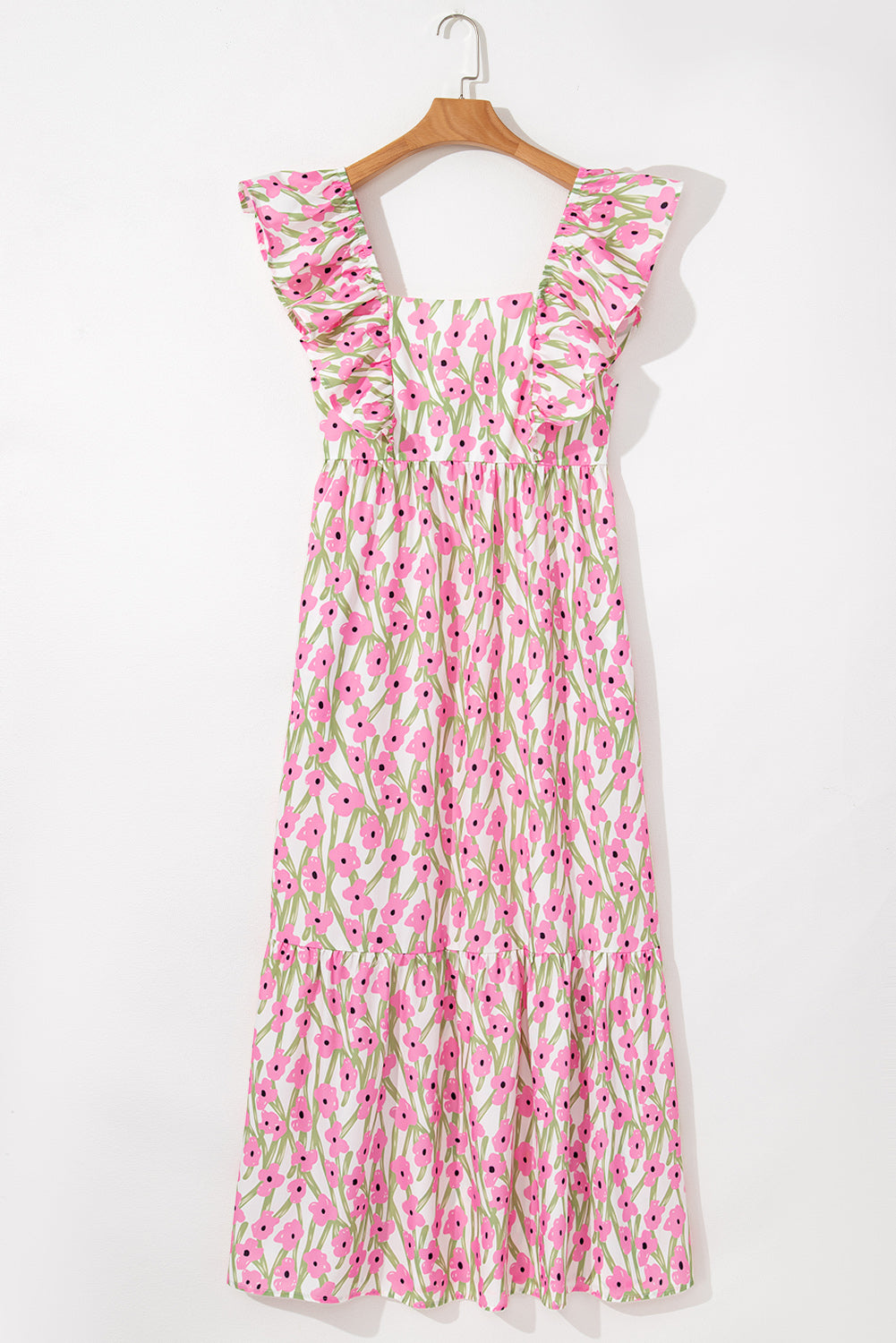 Pink Floral Print Square Neck Ruffled Strap Maxi Dress Floral Dresses JT's Designer Fashion