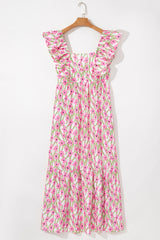 Pink Floral Print Square Neck Ruffled Strap Maxi Dress Floral Dresses JT's Designer Fashion