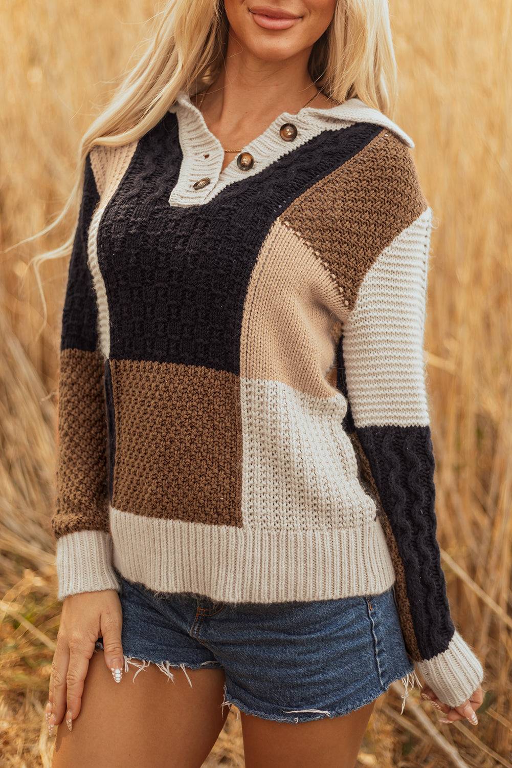 Multicolour Color Block Cable Knit Sleeve Buttons Collared Sweater Sweaters JT's Designer Fashion