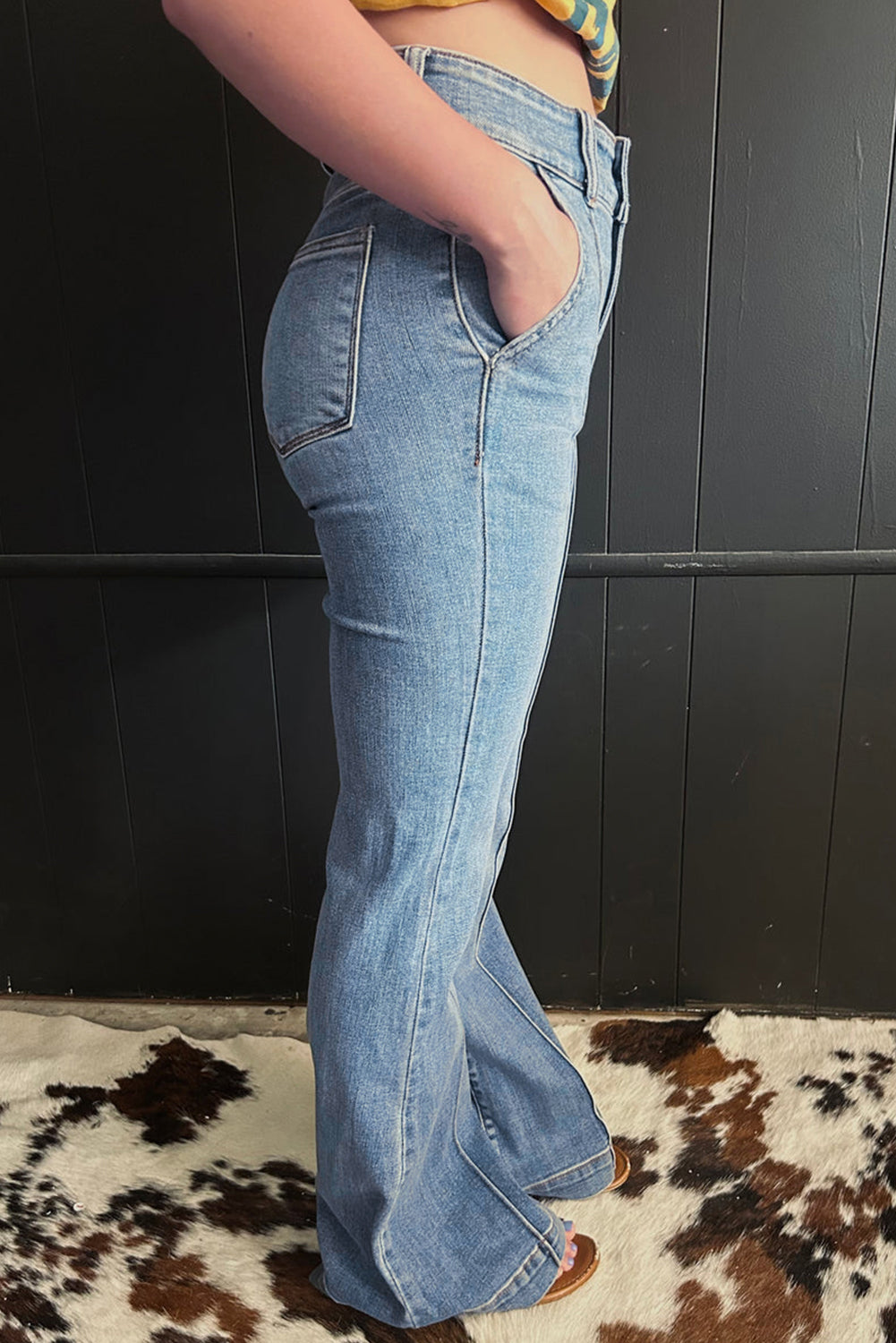 Dusk Blue 2 Button High Waist Piping Trim Bootcut Jeans Jeans JT's Designer Fashion