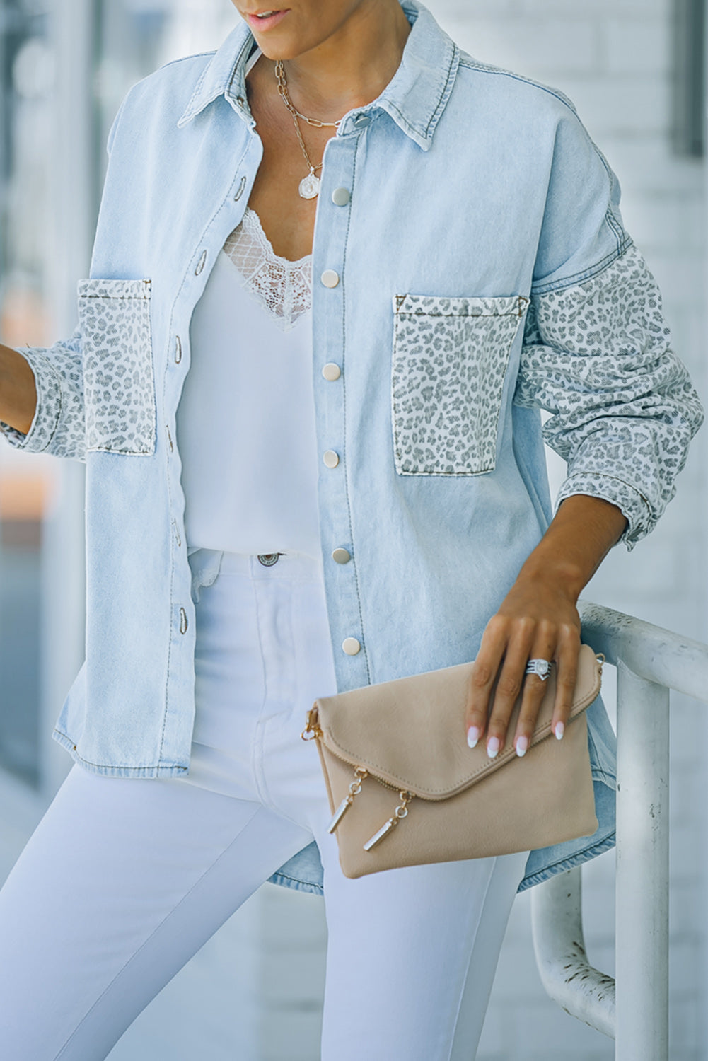 Sky Blue Contrast Leopard Denim Jacket Denim Jackets JT's Designer Fashion