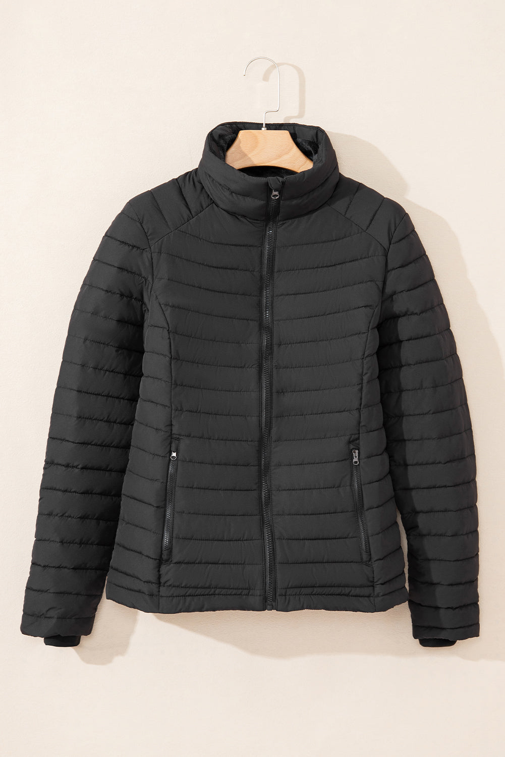 Black Solid Color Quilted Zip-up Puffer Jacket Jackets JT's Designer Fashion