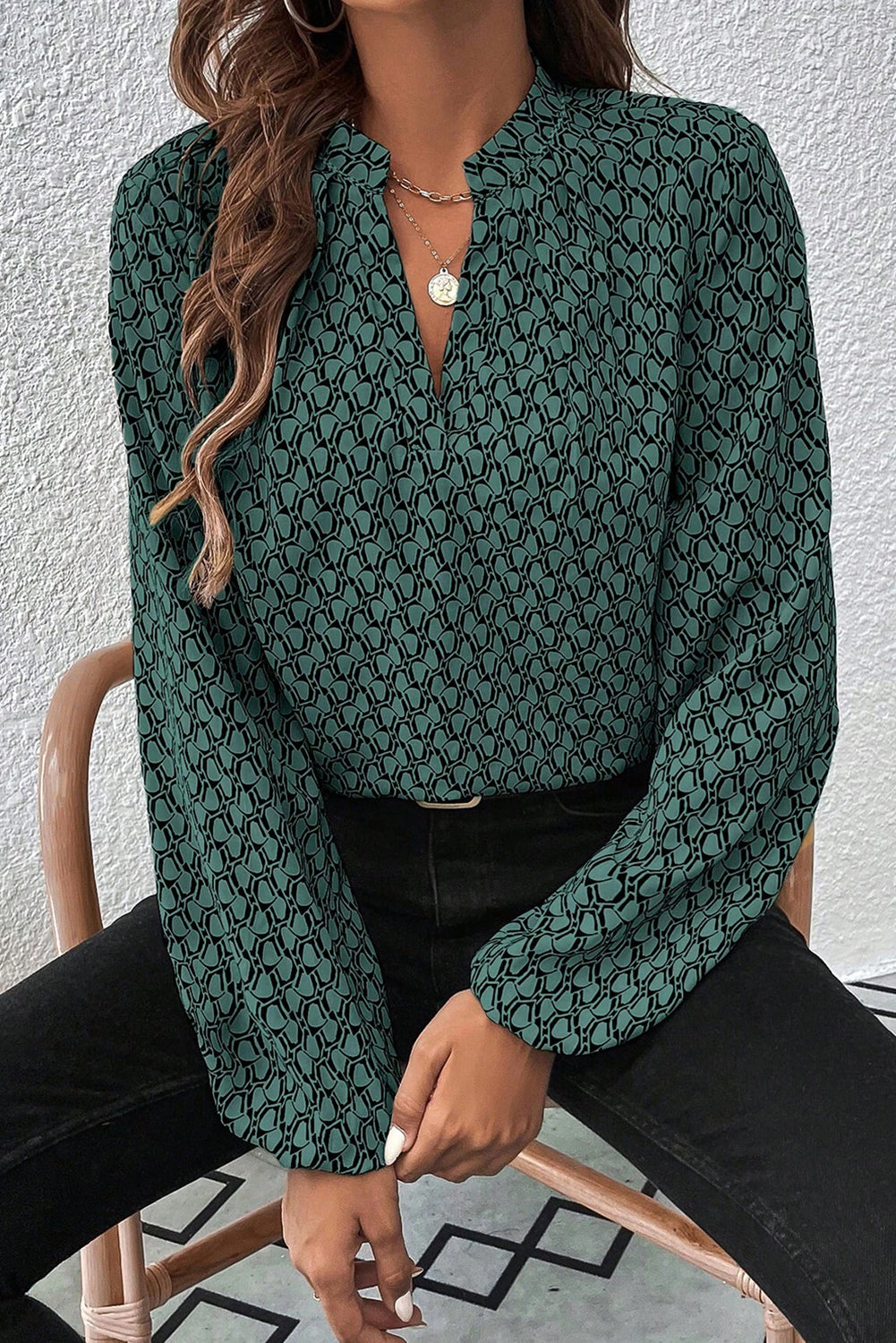 Green Geometric Print Notched Neck Puff Sleeve Blouse Green 100%Polyester Blouses & Shirts JT's Designer Fashion
