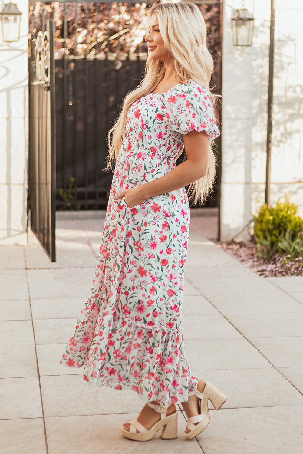 Pink Floral Puff Sleeve Square Neck Empire Waist Tiered Maxi Dress Floral Dresses JT's Designer Fashion