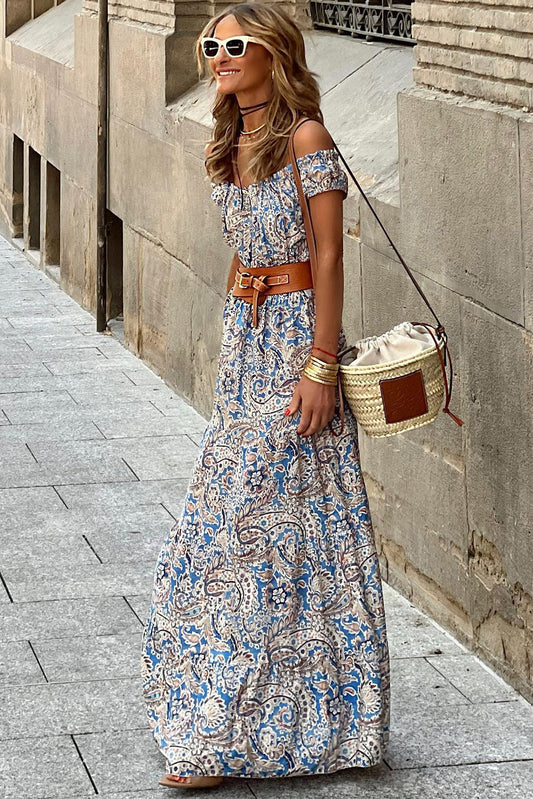 Blue Boho Paisley Print Off Shoulder Maxi Dress Floral Dresses JT's Designer Fashion