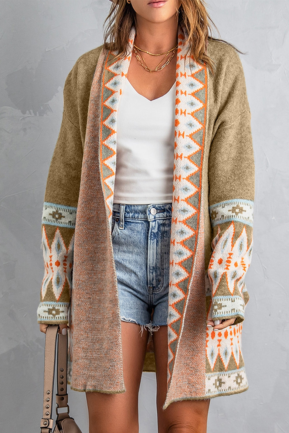 Khaki Aztec Print Open Front Knitted Cardigan Sweaters & Cardigans JT's Designer Fashion