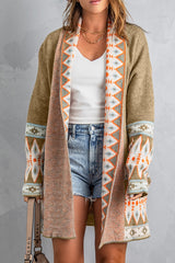 Khaki Aztec Print Open Front Knitted Cardigan Sweaters & Cardigans JT's Designer Fashion