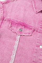 Pink Lace Patchwork Distressed Buttoned Denim Jacket Denim Jackets JT's Designer Fashion