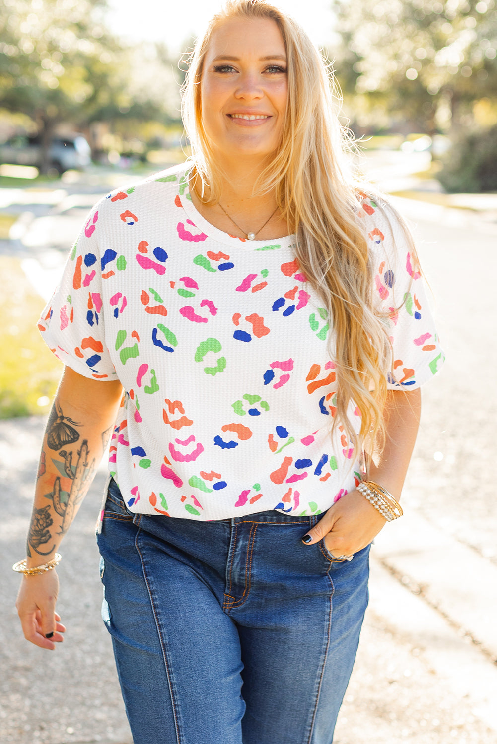 White Multicolor Leopard Print Textured Plus Size T Shirt White 100%Polyester Plus Size Blouses & Shirts JT's Designer Fashion