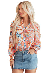 Orange Floral Print Shirred Cuff Buttoned Loose Shirt Blouses & Shirts JT's Designer Fashion