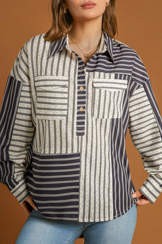Black Stripe 2-tone Patchwork Half Buttons Chest Pockets Casual Blouse Black Stripe 100%Polyester Blouses & Shirts JT's Designer Fashion