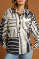 Black Stripe 2-tone Patchwork Half Buttons Chest Pockets Casual Blouse Black Stripe 100%Polyester Blouses & Shirts JT's Designer Fashion