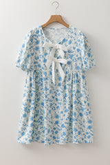 Sky Blue Floral Contrast Bow Puff Sleeve Mini Dress Mini Dresses JT's Designer Fashion
