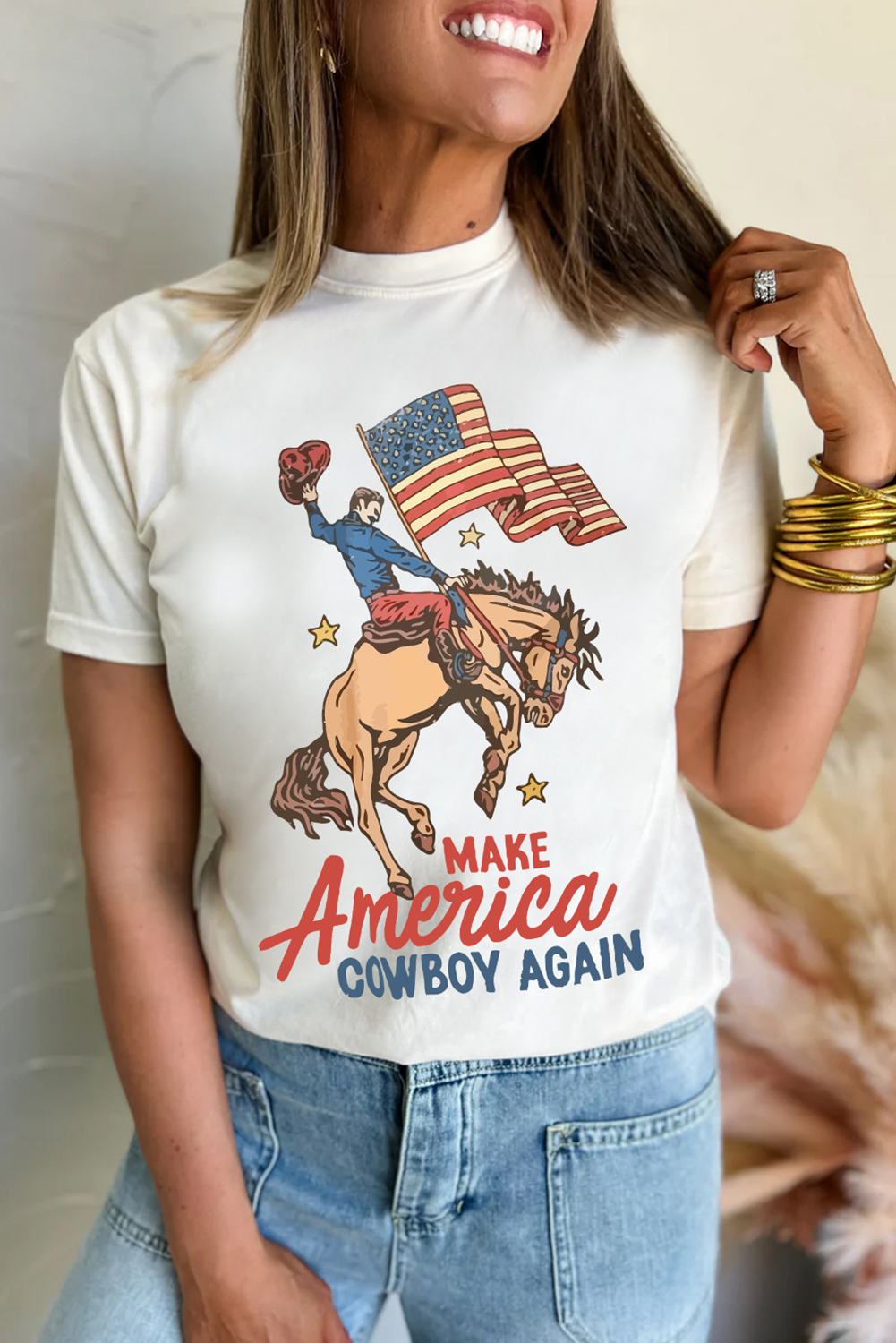 White MAKE AMERICA COWBOY AGAIN Graphic Crewneck Tee Graphic Tees JT's Designer Fashion