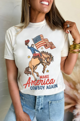 White MAKE AMERICA COWBOY AGAIN Graphic Crewneck Tee Graphic Tees JT's Designer Fashion