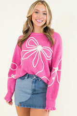 Bright Pink Corded Flower Bow Ribbed Trim Casual Sweater Sweaters JT's Designer Fashion