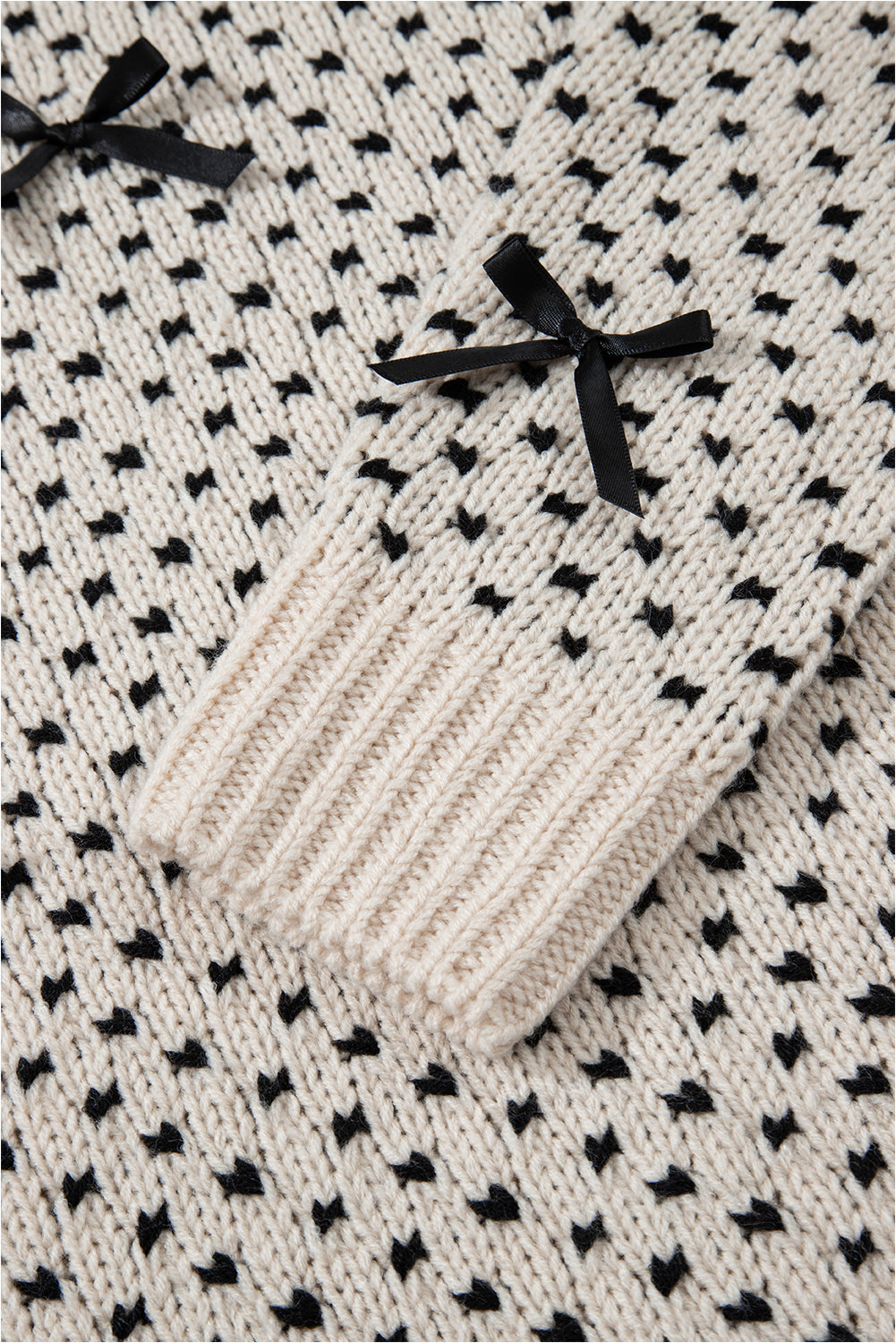 Beige Bow Decor Color Contrast Ribbed Edge Crew Neck Sweater Sweaters JT's Designer Fashion