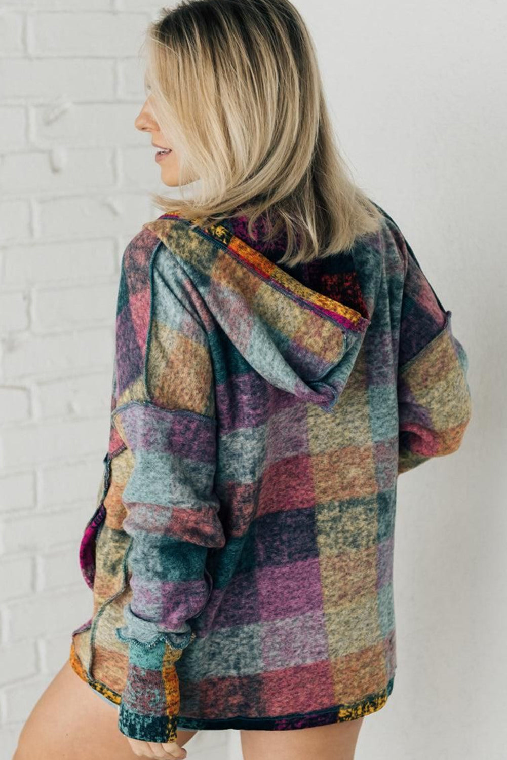 Multicolor Brushed Plaid Buttoned Pullover Oversized Hoodie Sweatshirts & Hoodies JT's Designer Fashion