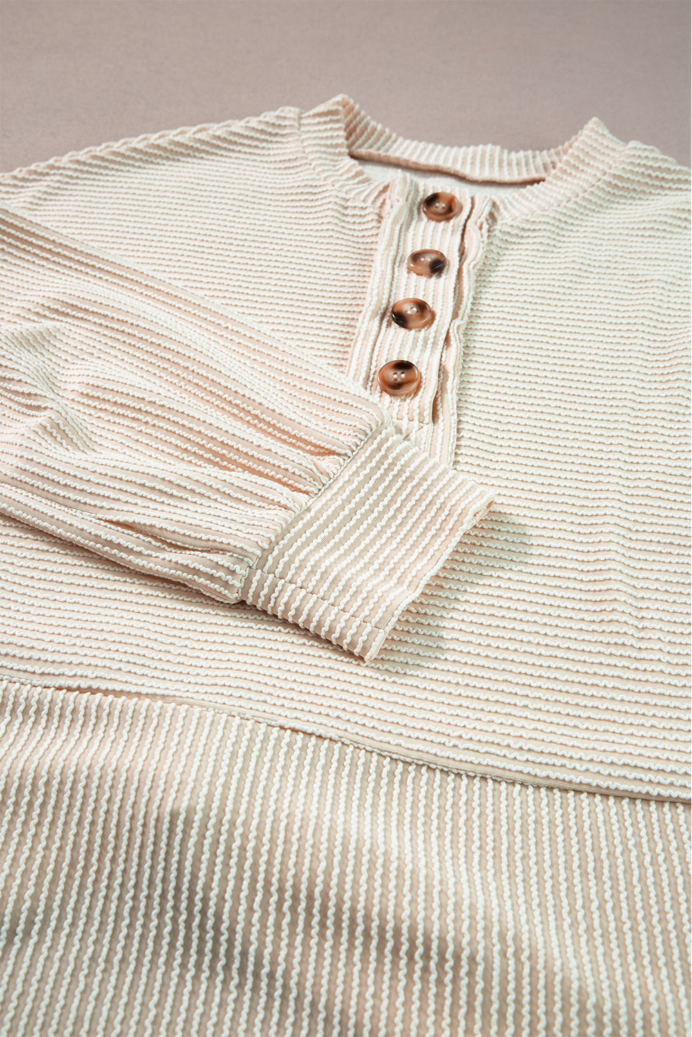 Apricot Corded Texture Lantern Sleeve Buttons Henley Sweatshirt Sweatshirts & Hoodies JT's Designer Fashion