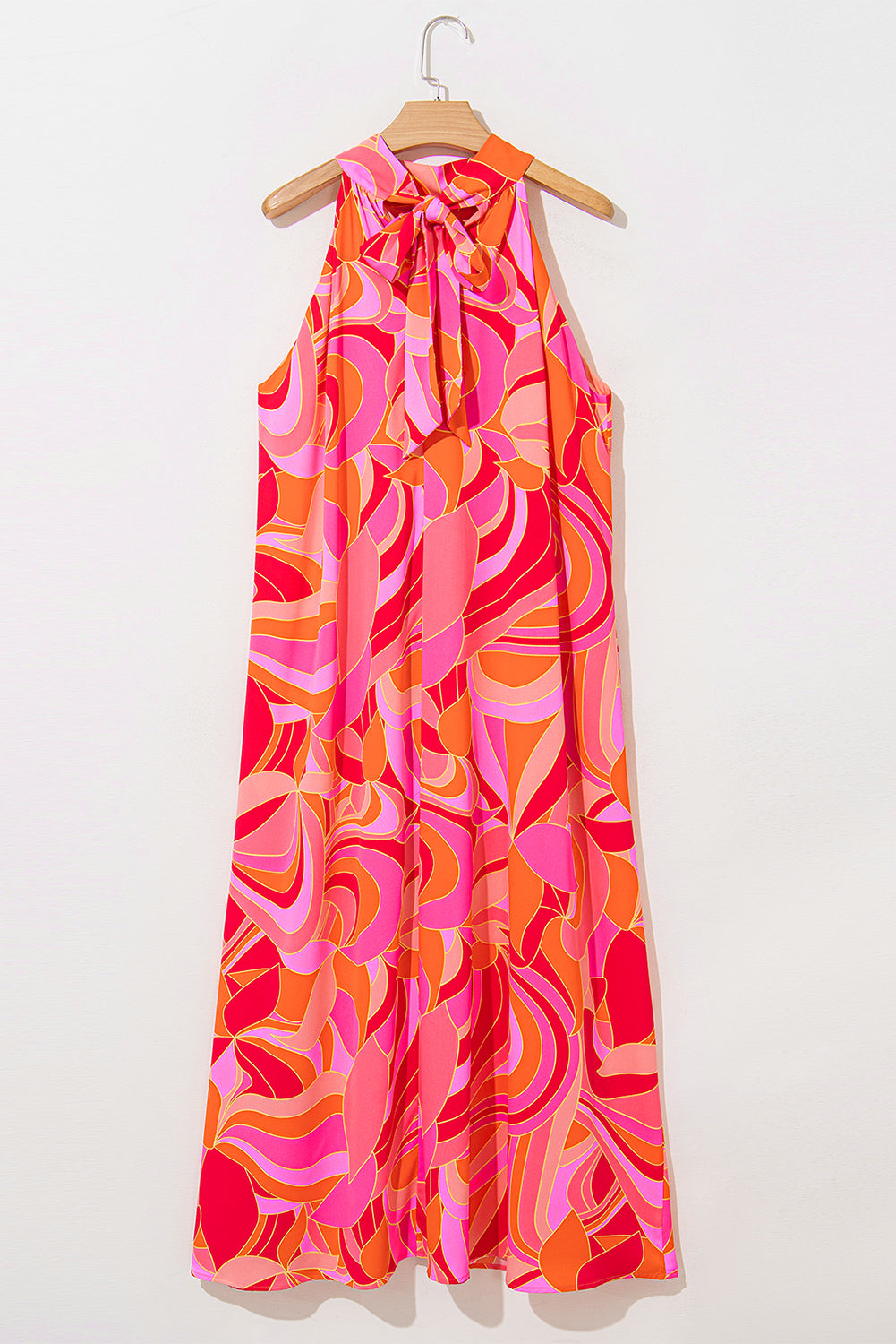 Rose Abstract Printed High Neck Knotted Nape Sleeveless Long Dress Maxi Dresses JT's Designer Fashion
