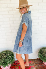 Sky Blue Acid Wash V Neck Tiered Denim Dress Dresses JT's Designer Fashion