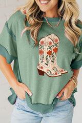 Smoke Green Floral Boots Printed Raw Seam Mix Texture Patchwork Tee Graphic Tees JT's Designer Fashion