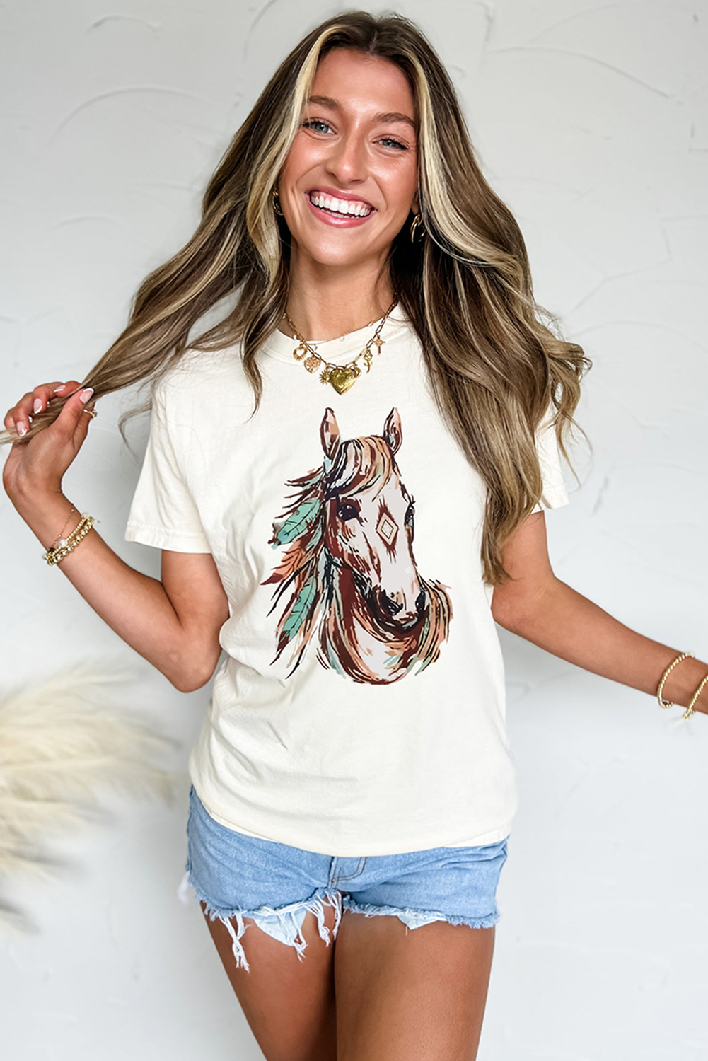 White Western Aztec Horse Graphic Crewneck Tee Graphic Tees JT's Designer Fashion