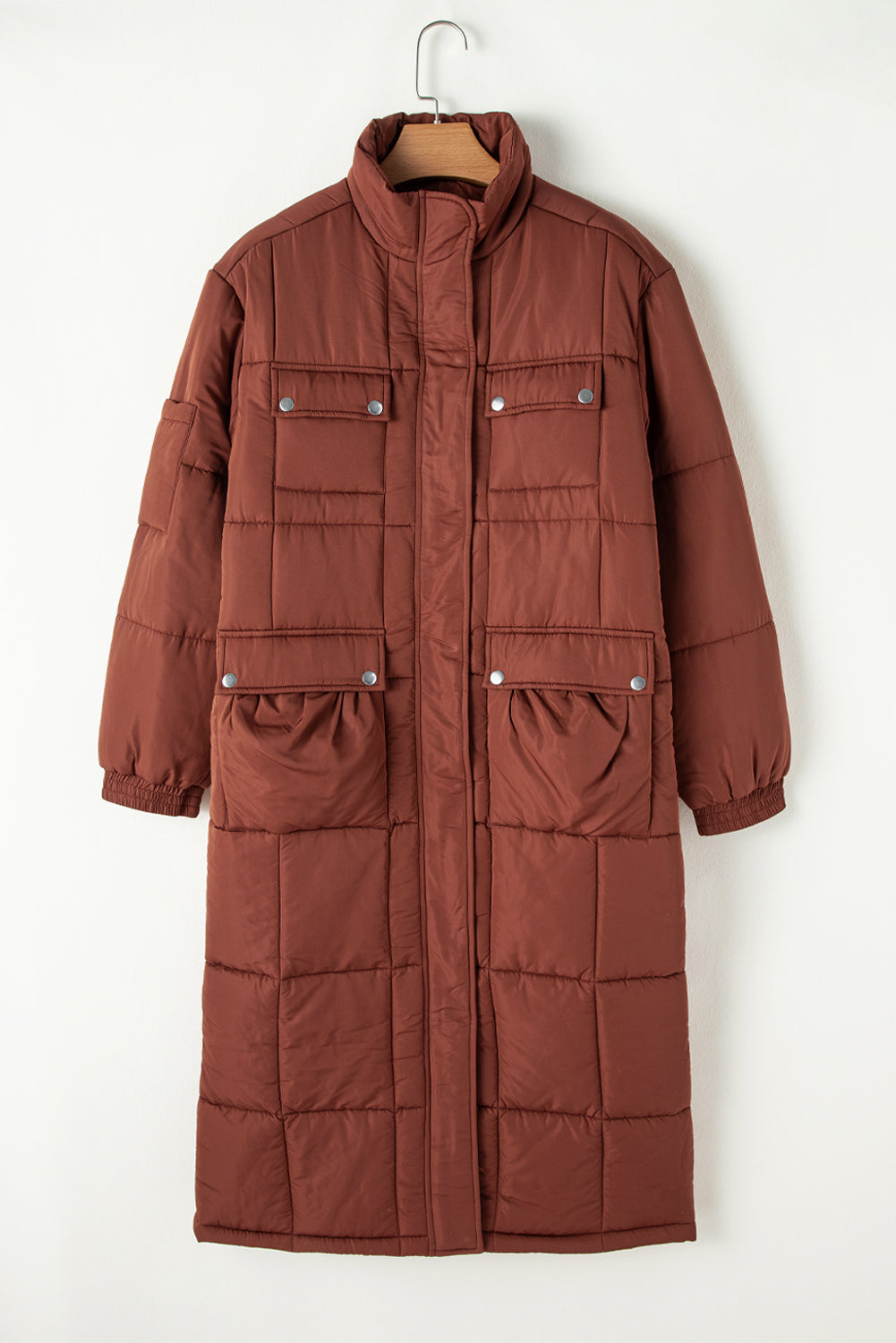 Coffee Quilted Puffer Stand Neck Zipped Mid-length Coat Coats JT's Designer Fashion