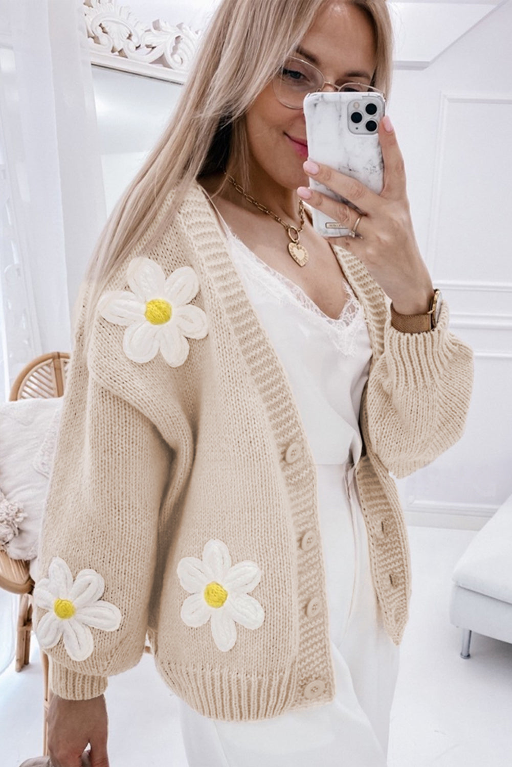 Parchment Elegant Flower Decor Button Front Cardigan Cardigans JT's Designer Fashion
