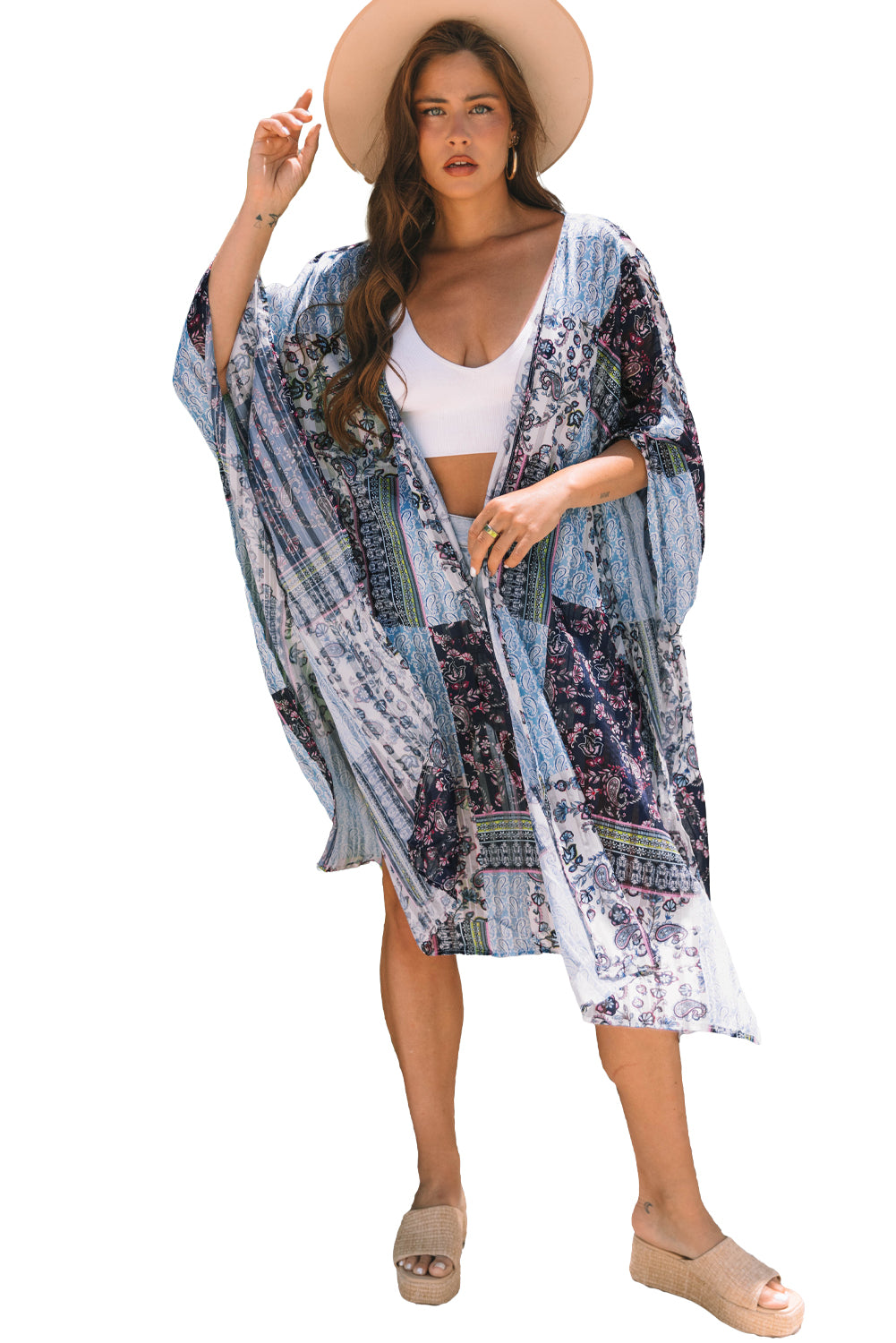 Blue Retro Floral Print Long Loose Open Front Kimono Kimonos JT's Designer Fashion