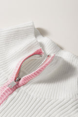 White Colorful Edge Quarter Zip Drop Shoulder Sweater Sweaters & Cardigans JT's Designer Fashion