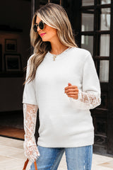 Beige Lace Sleeve Patchwork Faux Two-piece Fuzzy Sweater Sweaters JT's Designer Fashion