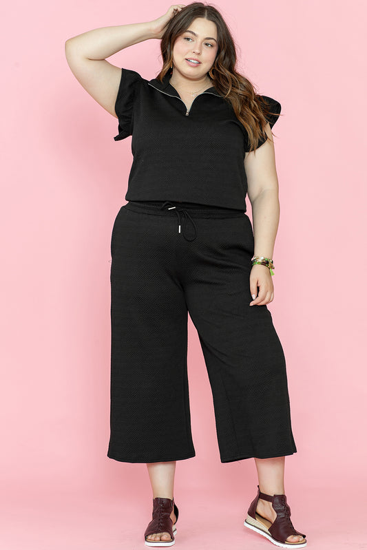 Black Plus Ruffled Sleeve Quarter Zip Top Wide Leg Pants Set Plus Size Bottoms JT's Designer Fashion