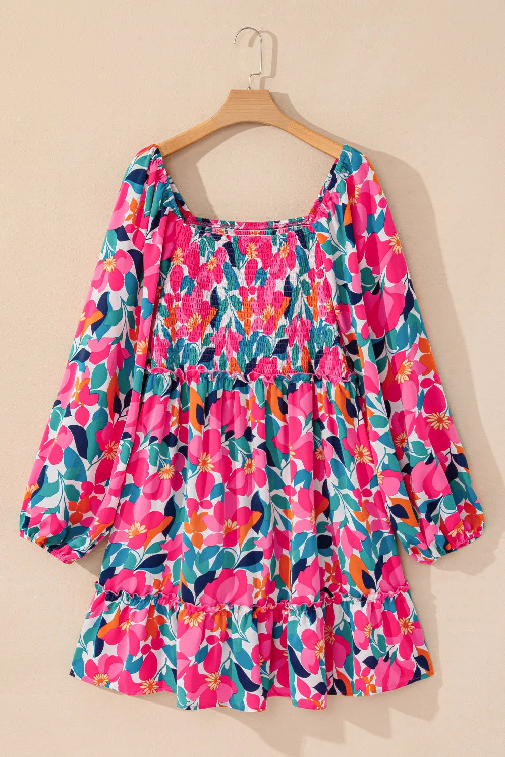 Plus Size Smocked Floral Square Neck Balloon Sleeve Dress Mini Dresses JT's Designer Fashion