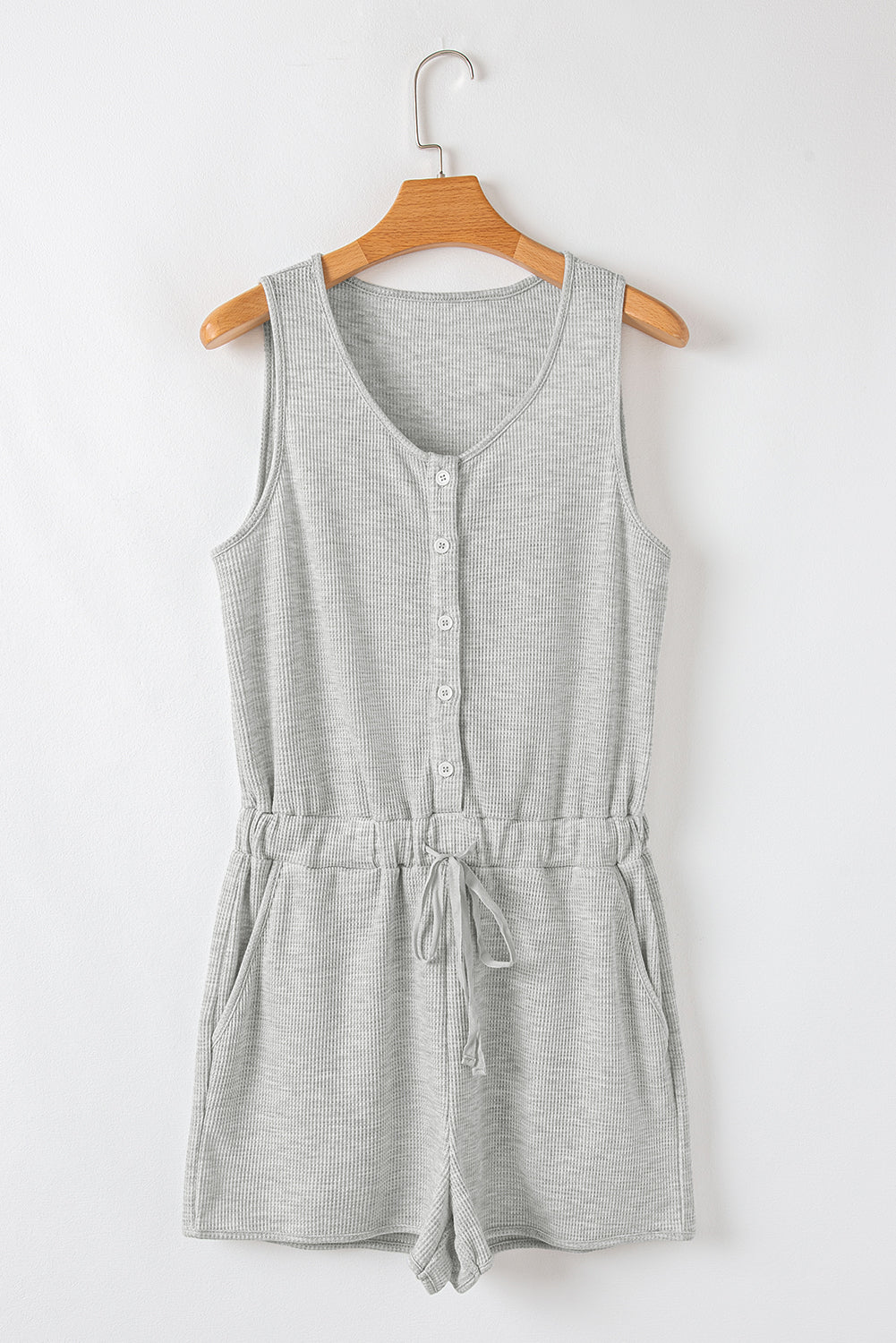 Light Grey Waffle Knit Sleeveless Buttoned Front Drawstring Waist Romper Jumpsuits & Rompers JT's Designer Fashion