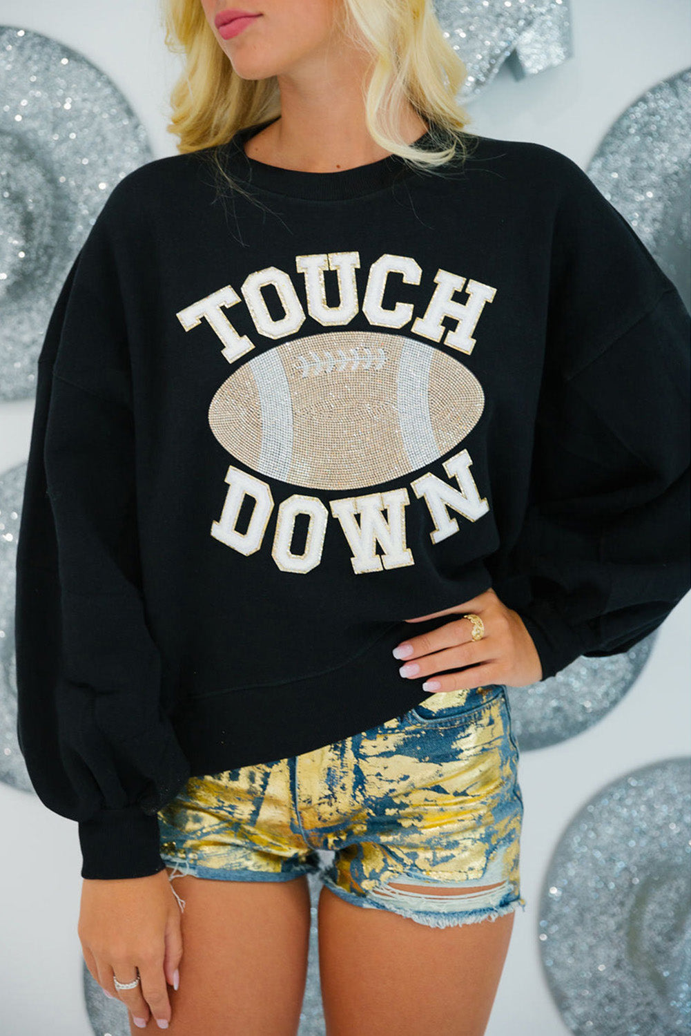 Black TOUCH DOWN Football Graphic Pullover Sweatshirt Sweatshirts & Hoodies JT's Designer Fashion