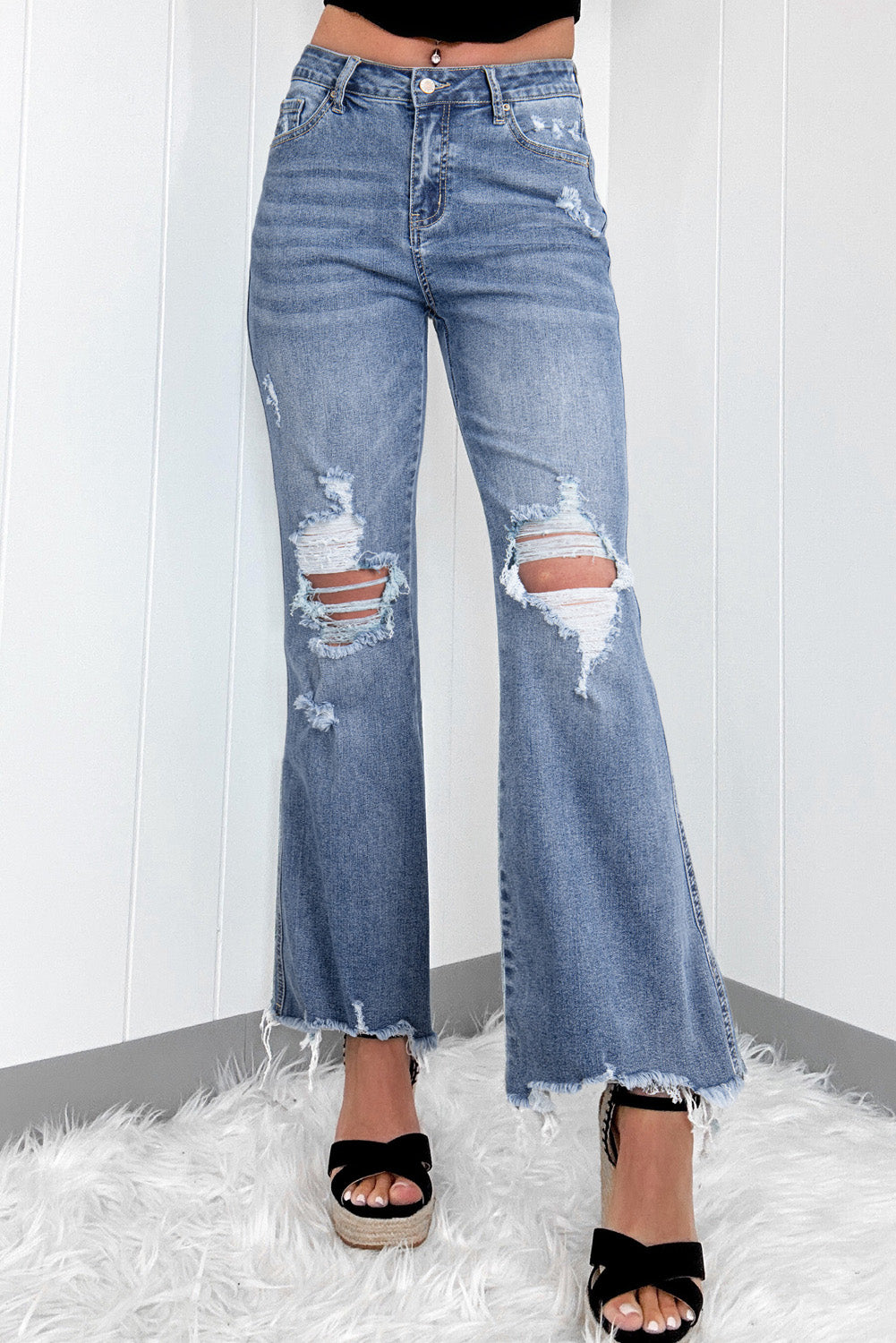 Dusk Blue High Rise Ripped Distressed Hem Flared Jeans Dusk Blue 85%Cotton+10%Polyester+5%Elastane Jeans JT's Designer Fashion