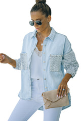 Sky Blue Contrast Leopard Denim Jacket Denim Jackets JT's Designer Fashion