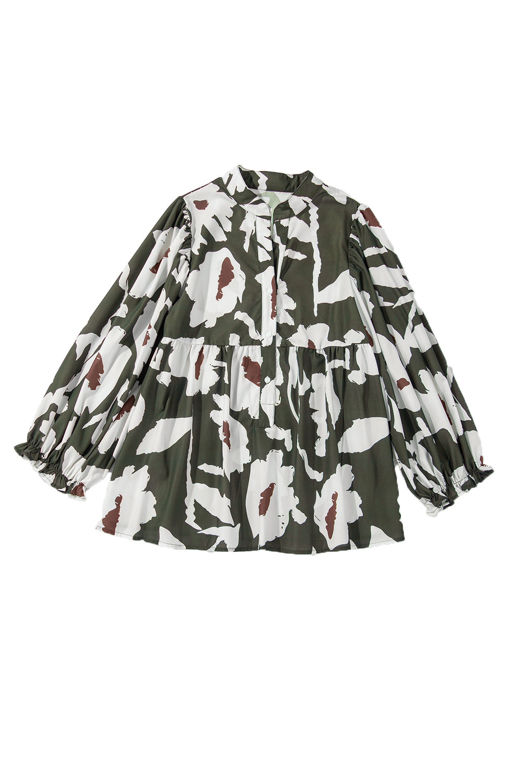 Four Leaf Clover Abstract Floral Print Puff Sleeve Half Button Blouse Blouses & Shirts JT's Designer Fashion