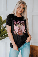 Black NASHVILLE Music City Graphic Print Short Sleeve Top Graphic Tees JT's Designer Fashion