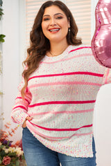 Pink Stripe Drop Shoulder Side Split Plus Size Sweater Plus Size Sweaters & Cardigans JT's Designer Fashion