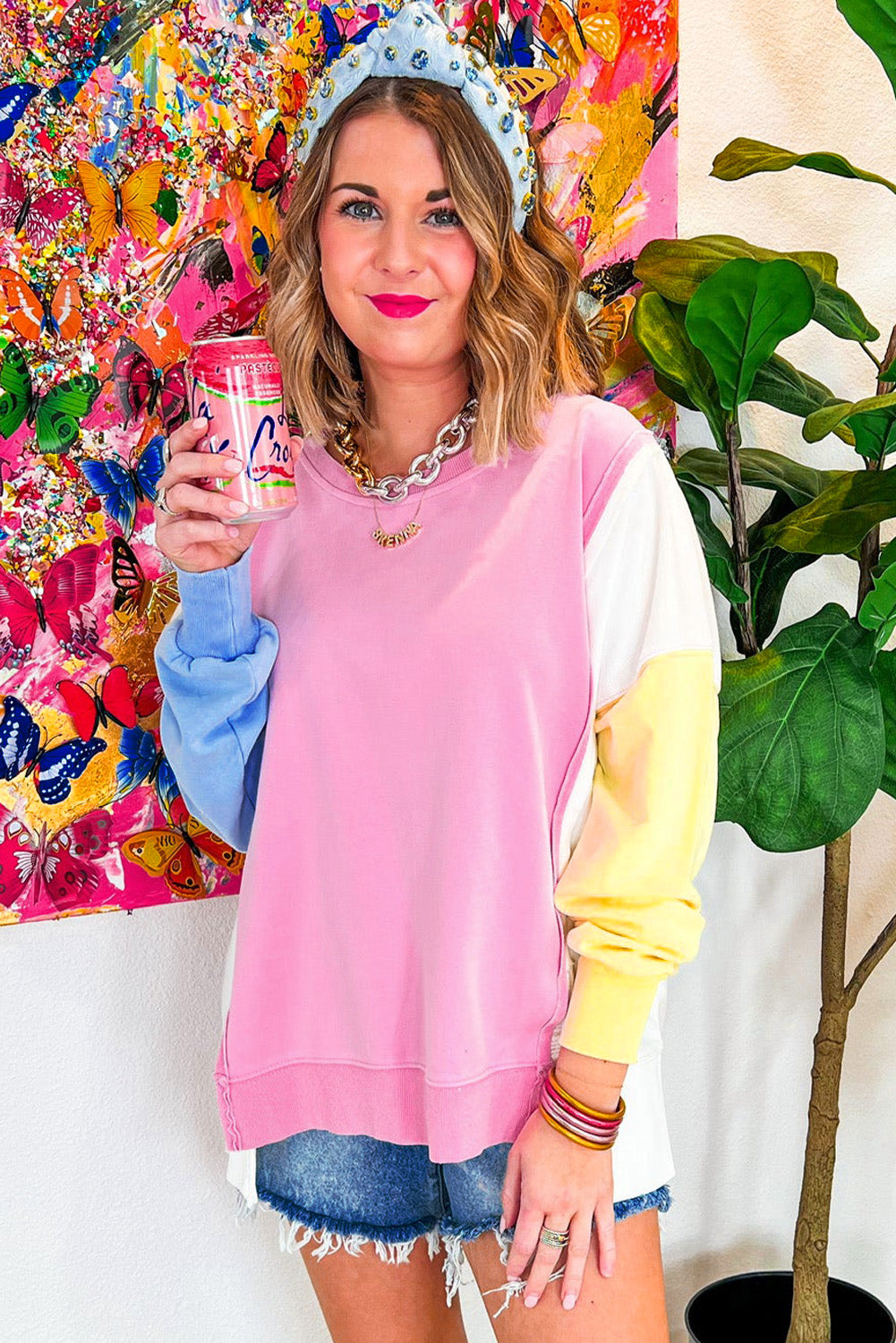 Bonbon Color Block Exposed Seam Side Slits Crewneck Sweatshirt Sweatshirts & Hoodies JT's Designer Fashion
