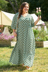 Green Geometric Floral Print Half Sleeve Plus Size Maxi Dress Plus Size Maxi Dresses JT's Designer Fashion